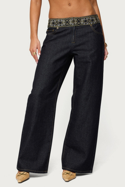 Edikted Carlie Embroidered Low Rise Wide Leg Jeans