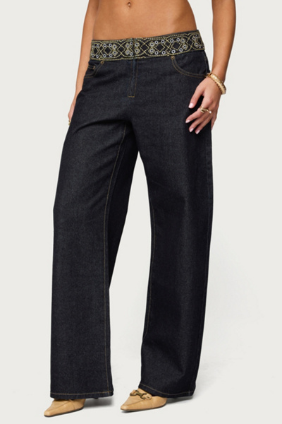 Edikted Carlie Embroidered Low Rise Wide Leg Jeans