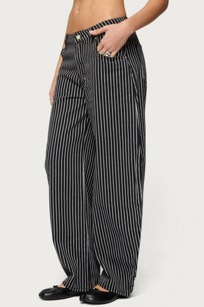 Edikted Pinstripe Low Rise Barrel Leg Jeans