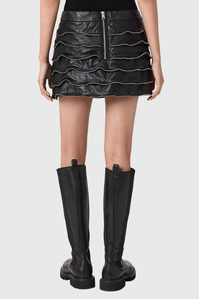 AllSaints Emara Ruffle Zipper Detail Leather Mini Skirt #1