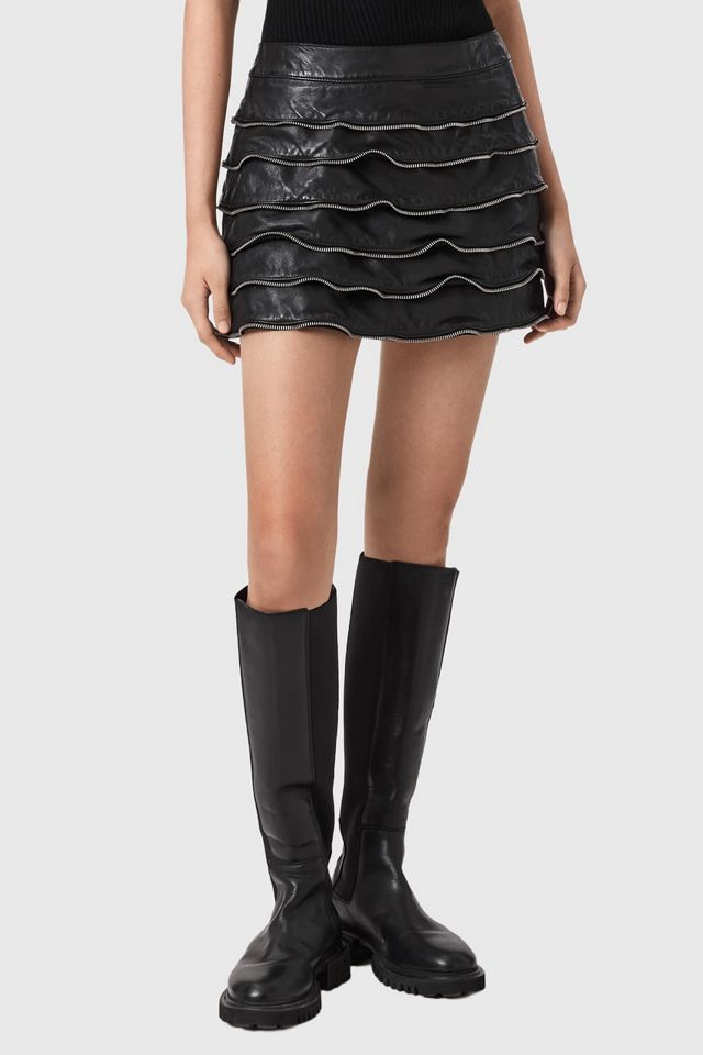 AllSaints Emara Ruffle Zipper Detail Leather Mini Skirt #4