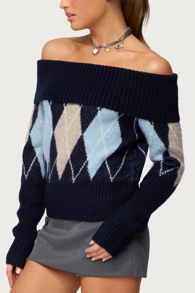 Edikted Jakarie Argyle Foldover Sweater