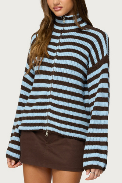 Edikted High Neck Striped Zip Up Sweater