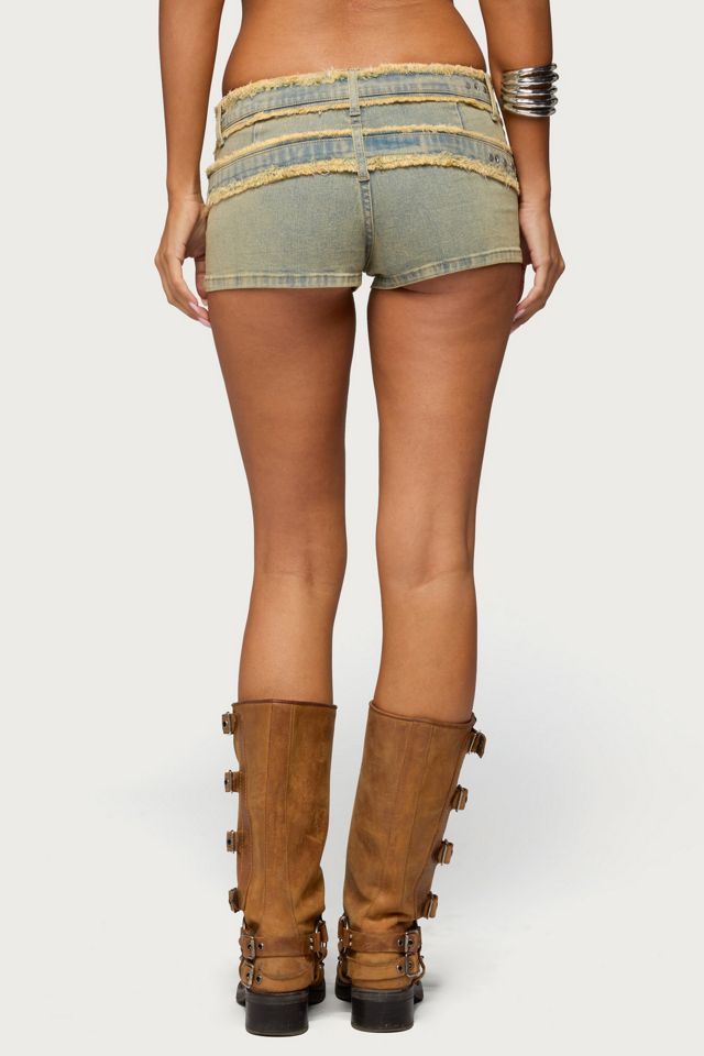 Edikted Alyza Distressed Belt Washed Denim Micro Shorts #3