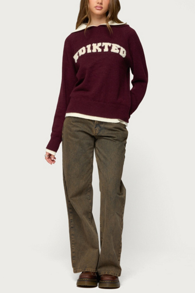 Edikted Varsity Contrast Layered Knit Hoodie