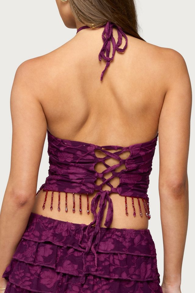 Edikted Keyla Bead Fringed Textured Halter Top #4