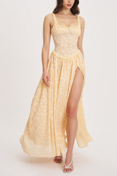 Miss Circle Ulissa Square Neck Jacquard Slit Maxi Dress in Orange, Women’s at Urban Outfitters