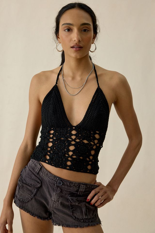 UO Arielle Semi-Sheer Crochet Lace-Up Halter Top | Urban Outfitters