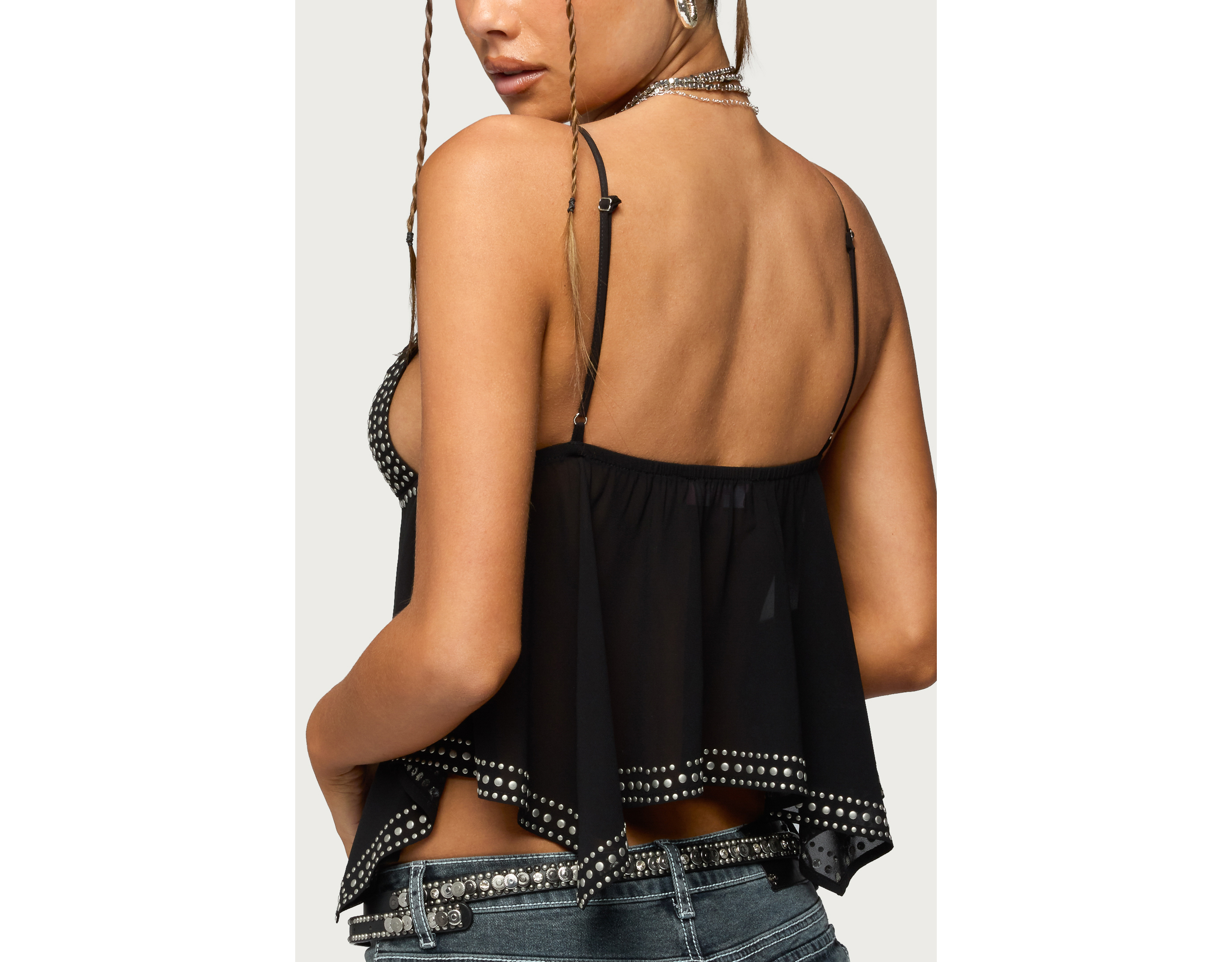 Edikted Studded Asymmetric Sheer Babydoll Top