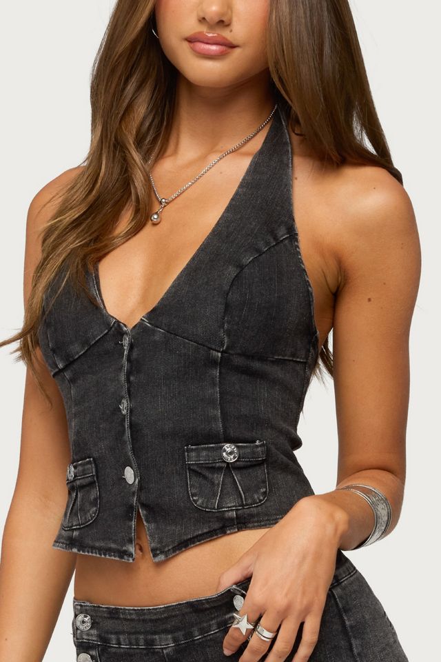 Edikted Sashe Button Up Denim Halter Top #2
