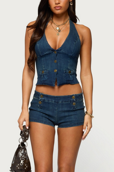 Edikted Sashe Button Up Denim Halter Top
