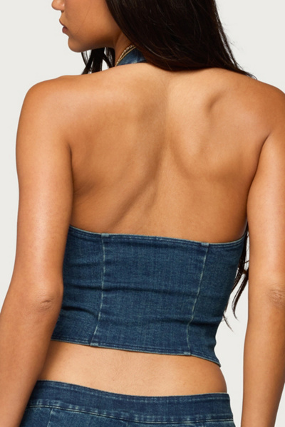 Edikted Sashe Button Up Denim Halter Top