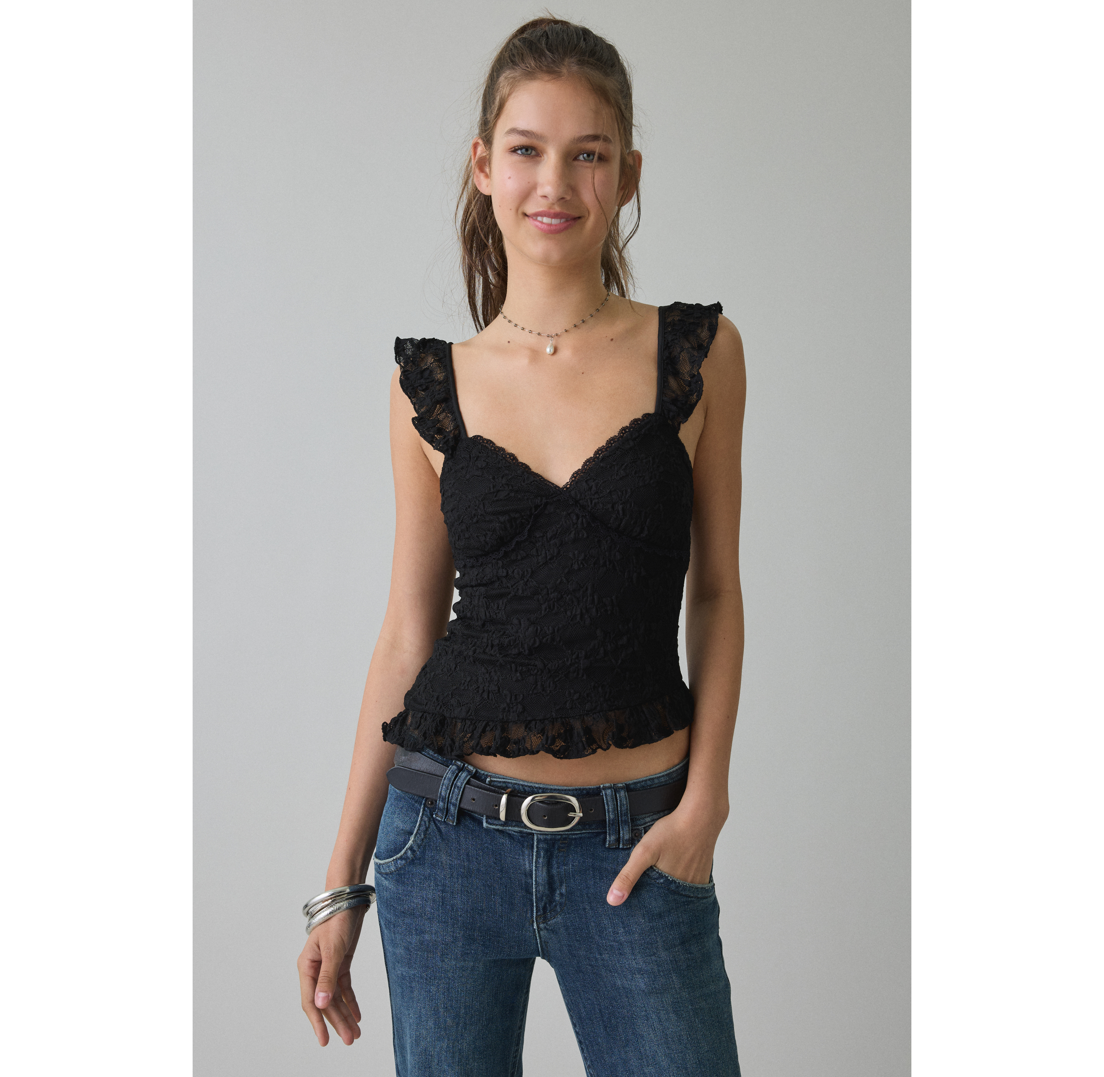 Kimchi Blue Mari Lettuce-Edge Lace Asymmetric Ruffle Tank Top