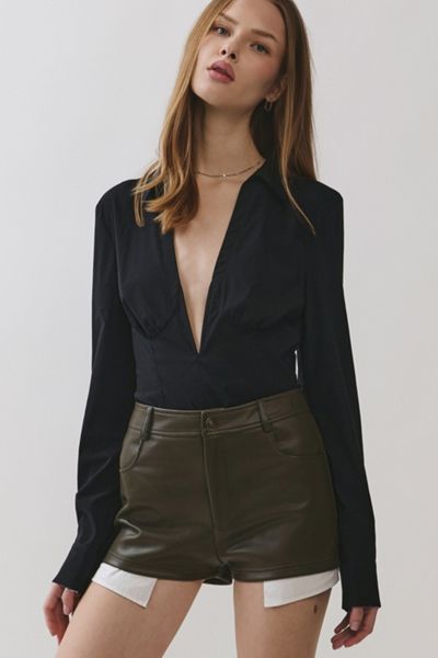 Personal Code Bianca Collared Deep V-Neck Long Sleeve Bodysuit