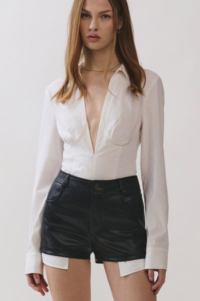 Personal Code Bianca Collared Deep V-Neck Long Sleeve Bodysuit