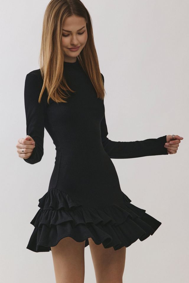 Knee Length Flowy Black Dress Tiered Mini Dress With Sleeves Black Long  Sleeve Tiered Yuki Jersey