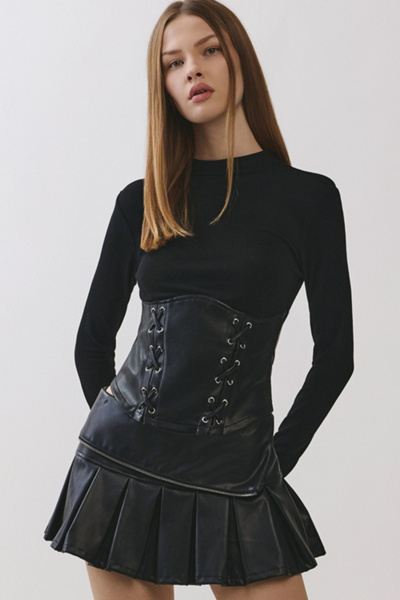 Personal Code Noelle Lace Up Pu Contrast Long Sleeve Top