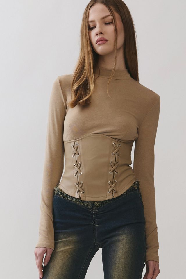 Personal Code Noelle Lace Up Pu Contrast Long Sleeve Top #1