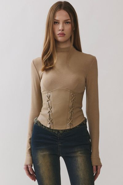 Personal Code Noelle Lace Up Pu Contrast Long Sleeve Top