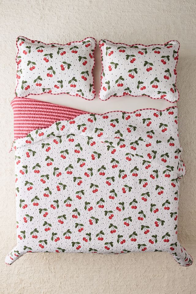 Cherry & Striped Patterned Scalloped Reversible Quilt Set #1