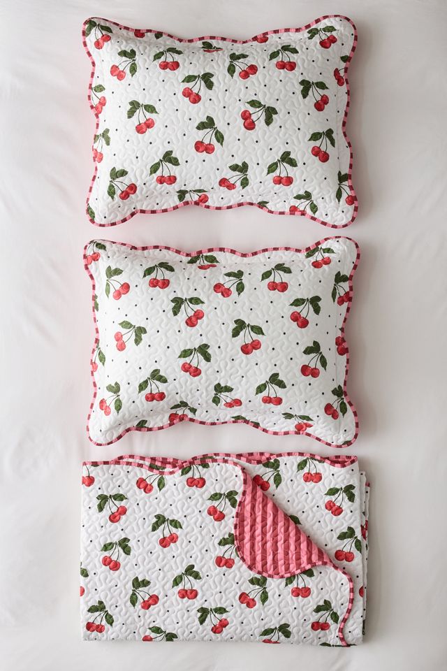 Cherry & Striped Patterned Scalloped Reversible Quilt Set #3