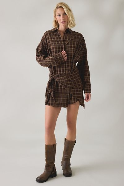 BDG Cordelia Multiway Scarf Tie Plaid Shirt Mini Dress
