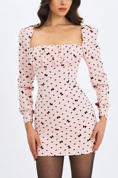 Miss Circle Perla Ruched Bust Velvet-Embossed Bow Mini Dress