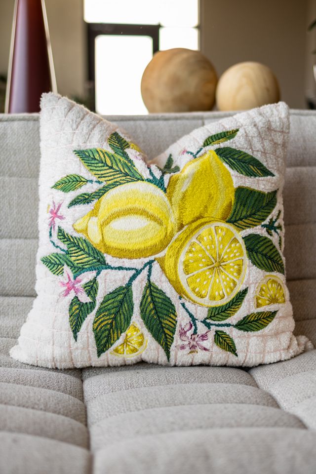 YaYa & Co. Martha Organic Cotton Embroidered Lemon Pillow #1