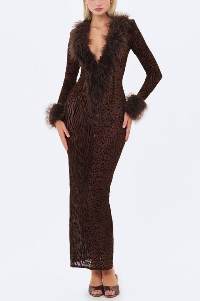 Miss Circle Luana Plunging Fur Trimmed Crochet Maxi Dress #1
