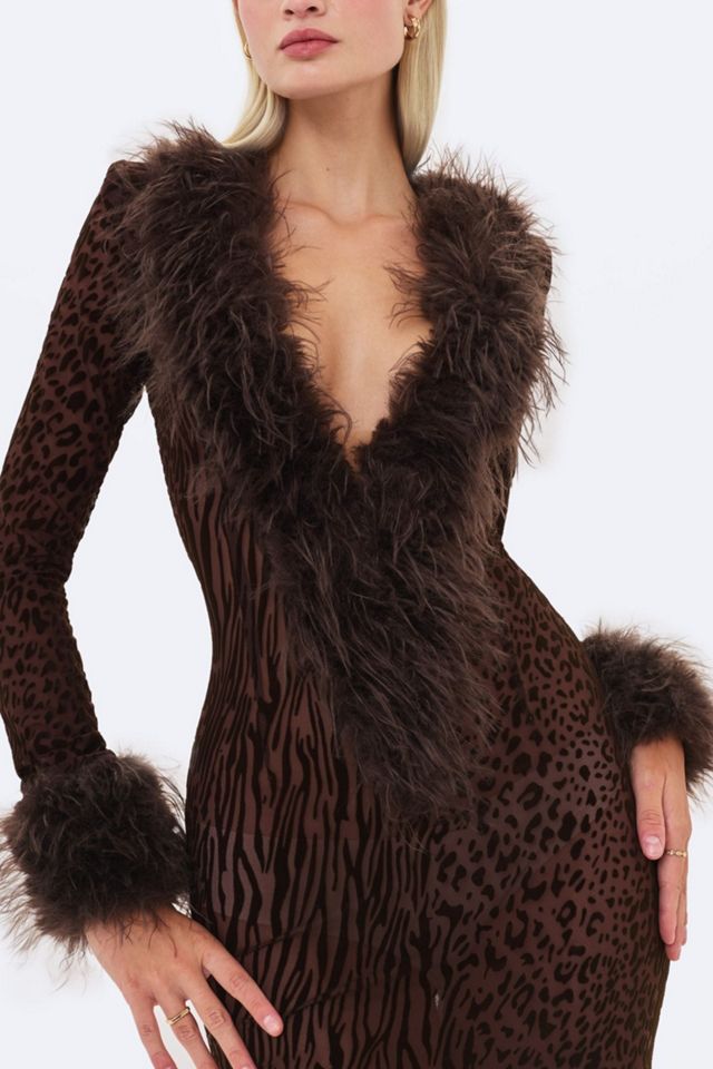 Miss Circle Luana Plunging Fur Trimmed Crochet Maxi Dress #2