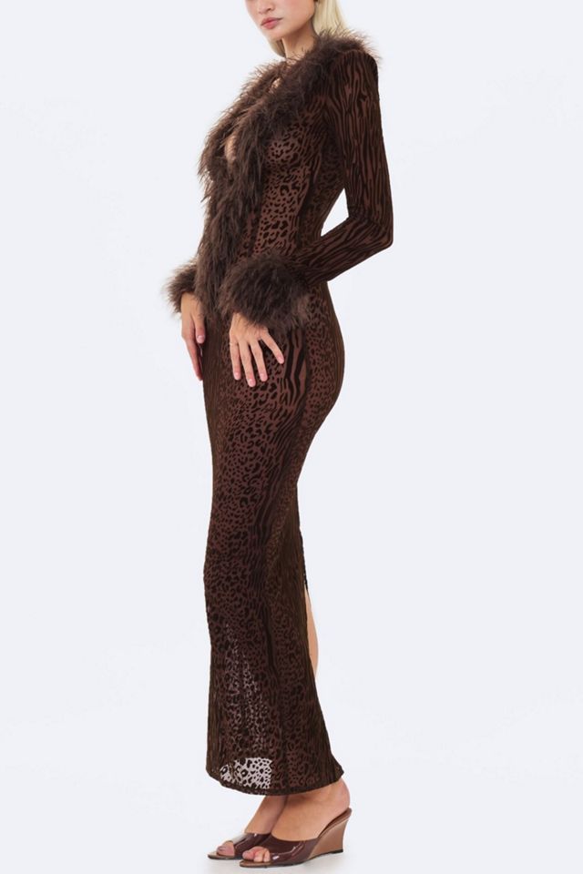 Miss Circle Luana Plunging Fur Trimmed Crochet Maxi Dress #3