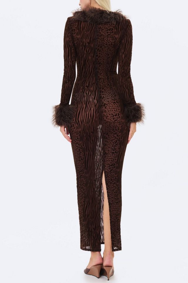 Miss Circle Luana Plunging Fur Trimmed Crochet Maxi Dress #4