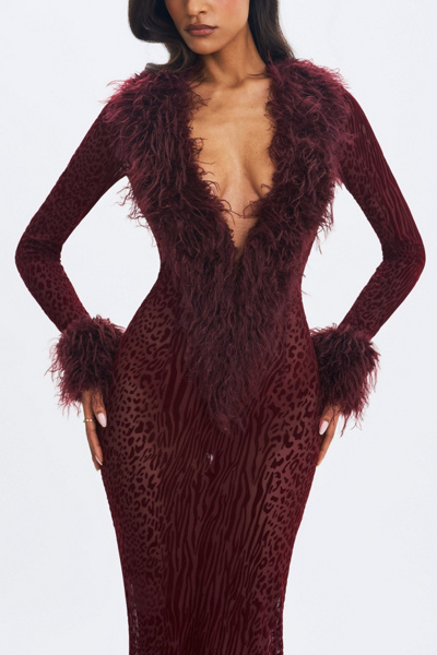 Miss Circle Luana Plunging Fur Trimmed Crochet Maxi Dress