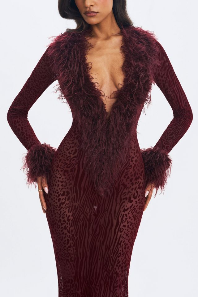 Luana Burgundy Plunging Fur Trimmed Crochet Maxi Dress - L / US 10-12