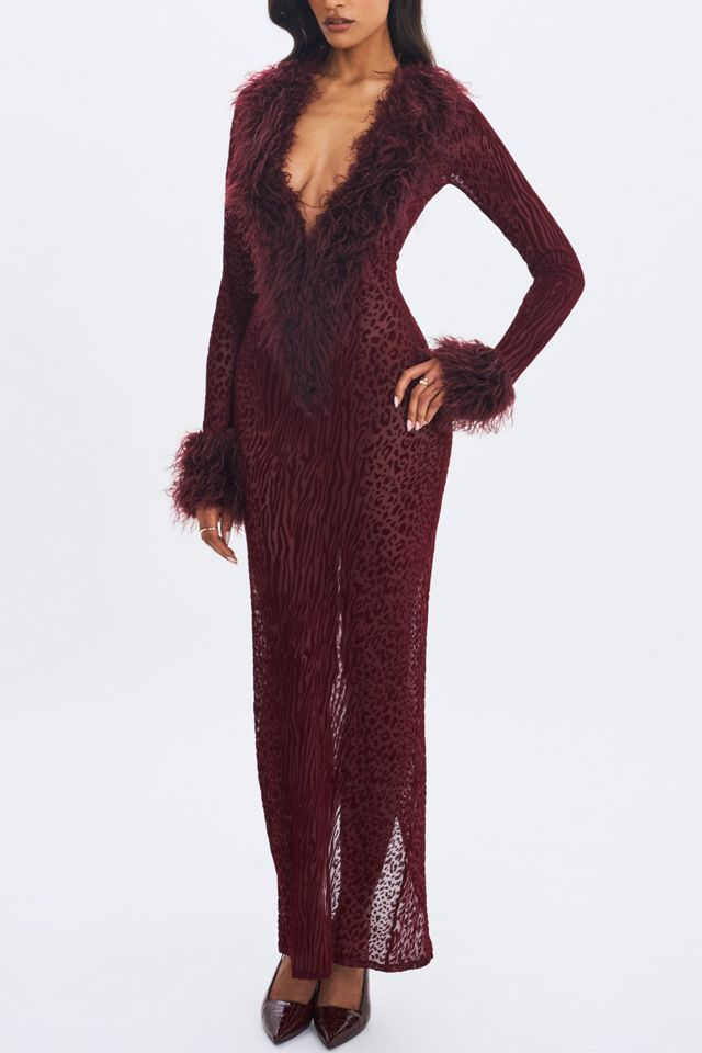 Miss Circle Luana Plunging Fur Trimmed Crochet Maxi Dress #2