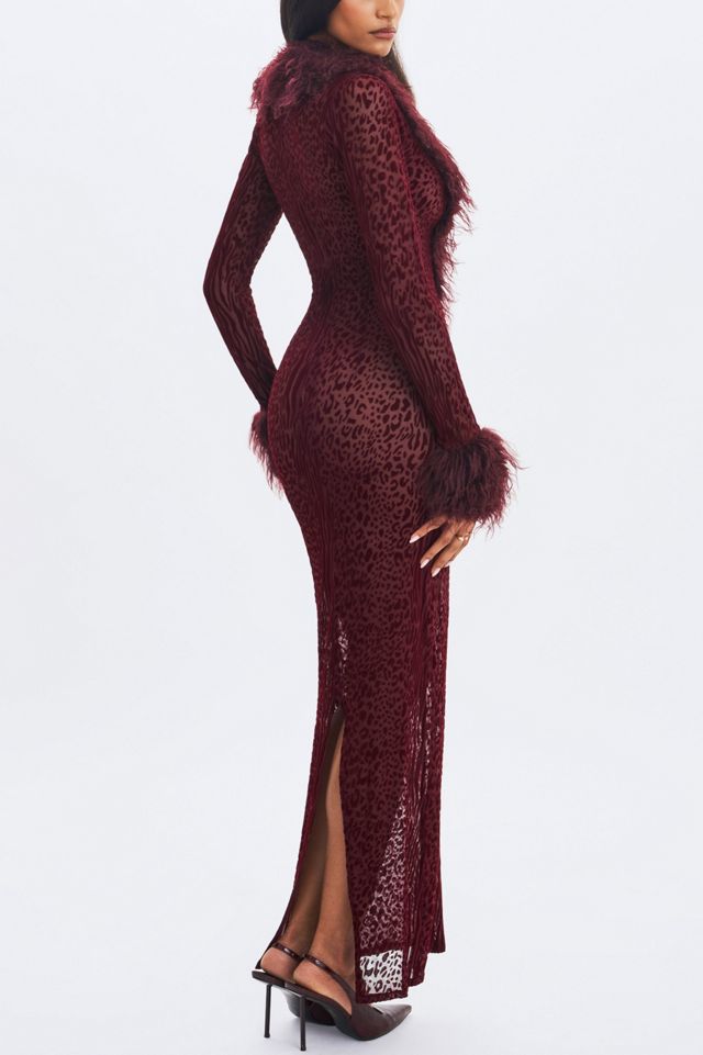 Luana Burgundy Plunging Fur Trimmed Crochet Maxi Dress - L / US 10-12