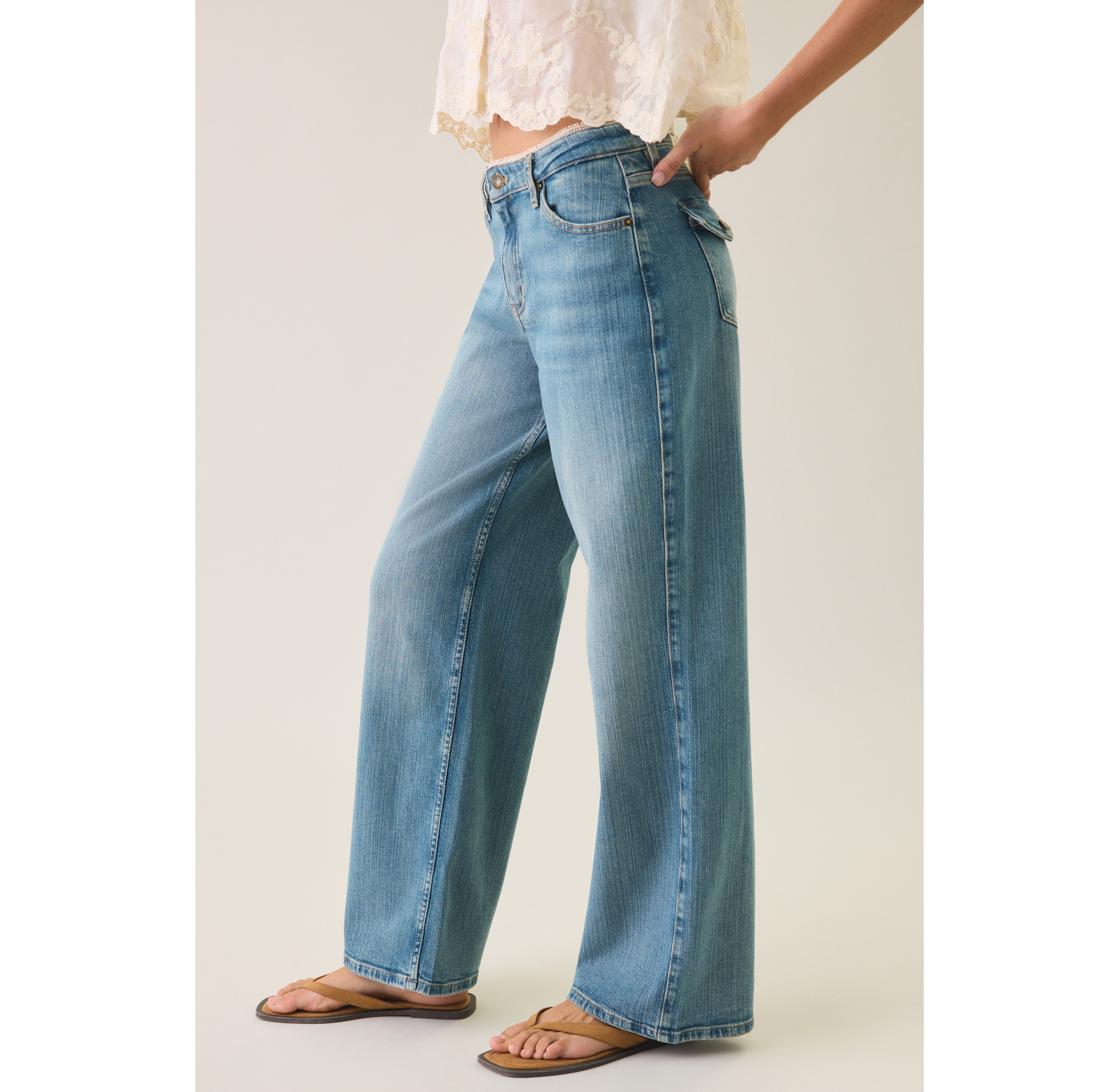 GUESS JEANS G11 Zahli Lace Trim Mid-Rise Wide Leg Jean
