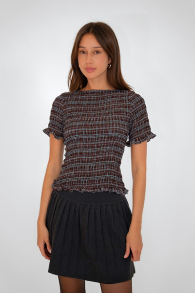Amy Lynn Kitty Check Chiffon Smocked Frill Sleeve Top | Urban