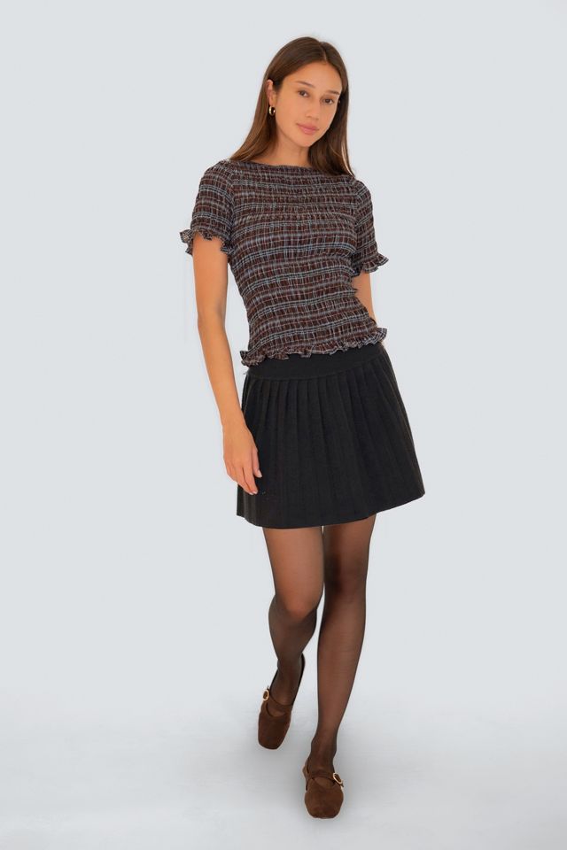 Amy Lynn Kitty Check Chiffon Smocked Frill Sleeve Top | Urban