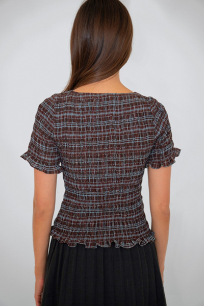 Amy Lynn Kitty Check Chiffon Smocked Frill Sleeve Top