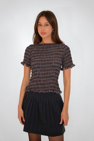 Amy Lynn Kitty Check Chiffon Smocked Frill Sleeve Top