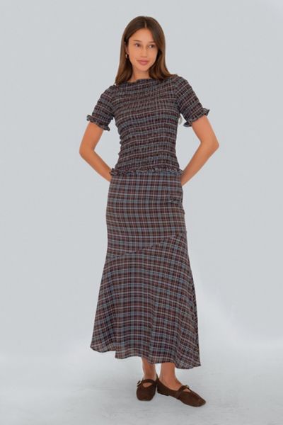 Amy Lynn Alma Heritage Check Chiffon Asymmetric Maxi Skirt