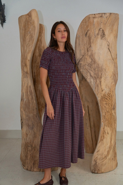Amy Lynn Beatrix Smocked Plaid Midi Dress
