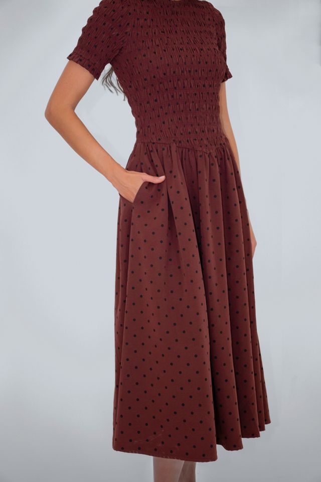 Amy Lynn Beatrix Smocked Plum Polka Dot Midi Dress #1