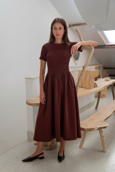Amy Lynn Beatrix Smocked Plum Polka Dot Midi Dress