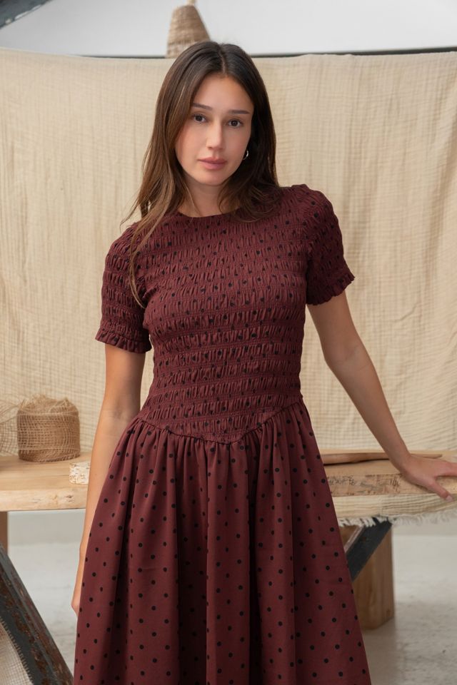 Amy Lynn Beatrix Smocked Plum Polka Dot Midi Dress #4