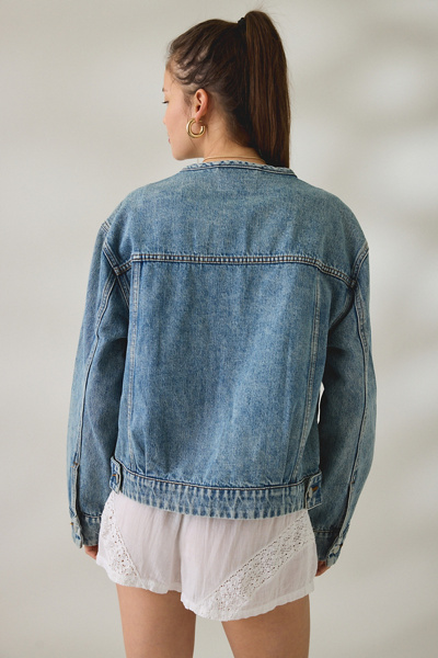 BLANKNYC Heads Up Collarless Oversized Denim Jacket