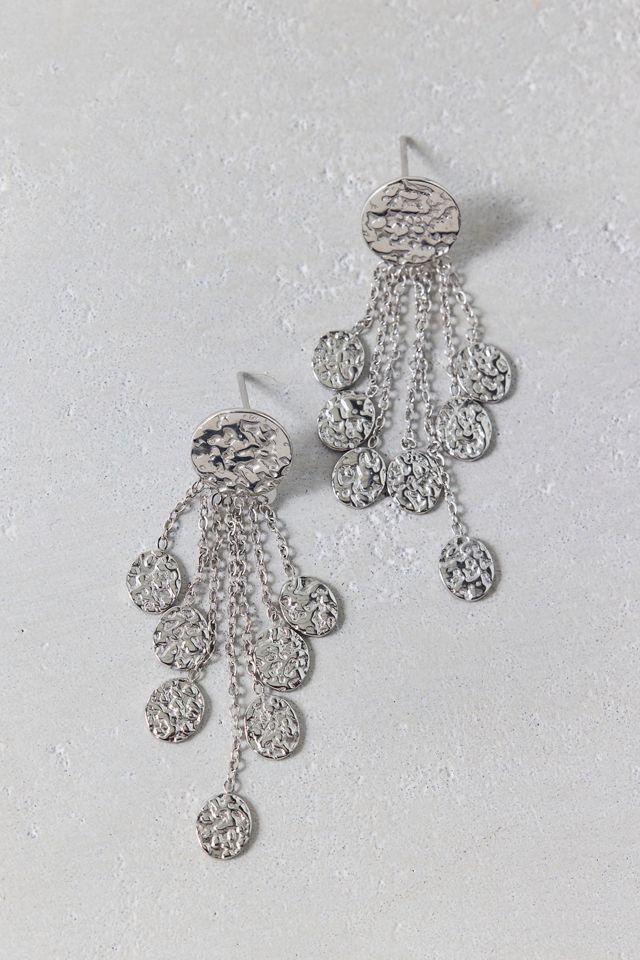 Hammered Metal Coin Fringe Dangle Earrings #1