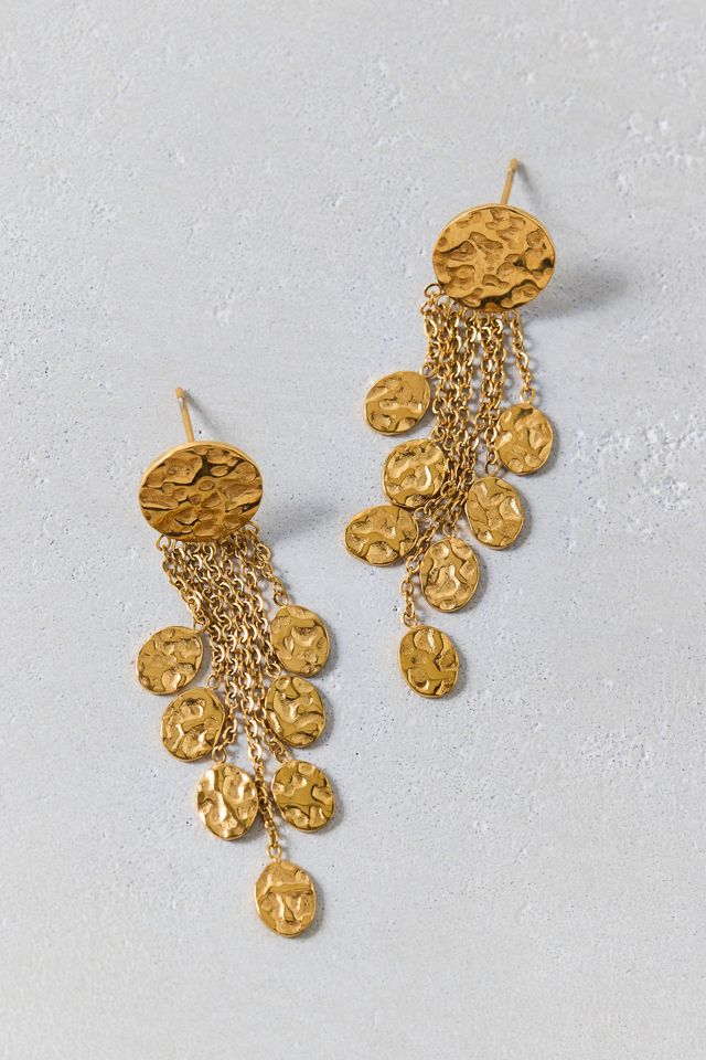 Hammered Metal Coin Fringe Dangle Earrings #1