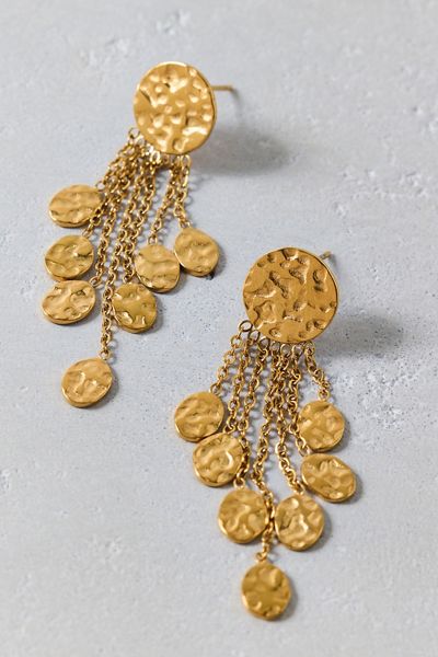 Hammered Metal Coin Fringe Dangle Earrings